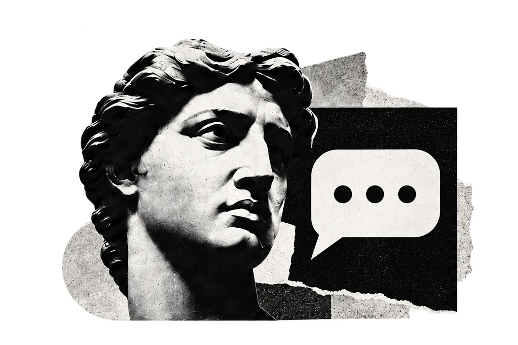 Monochrome sculpture, torn paper and a speech bubble