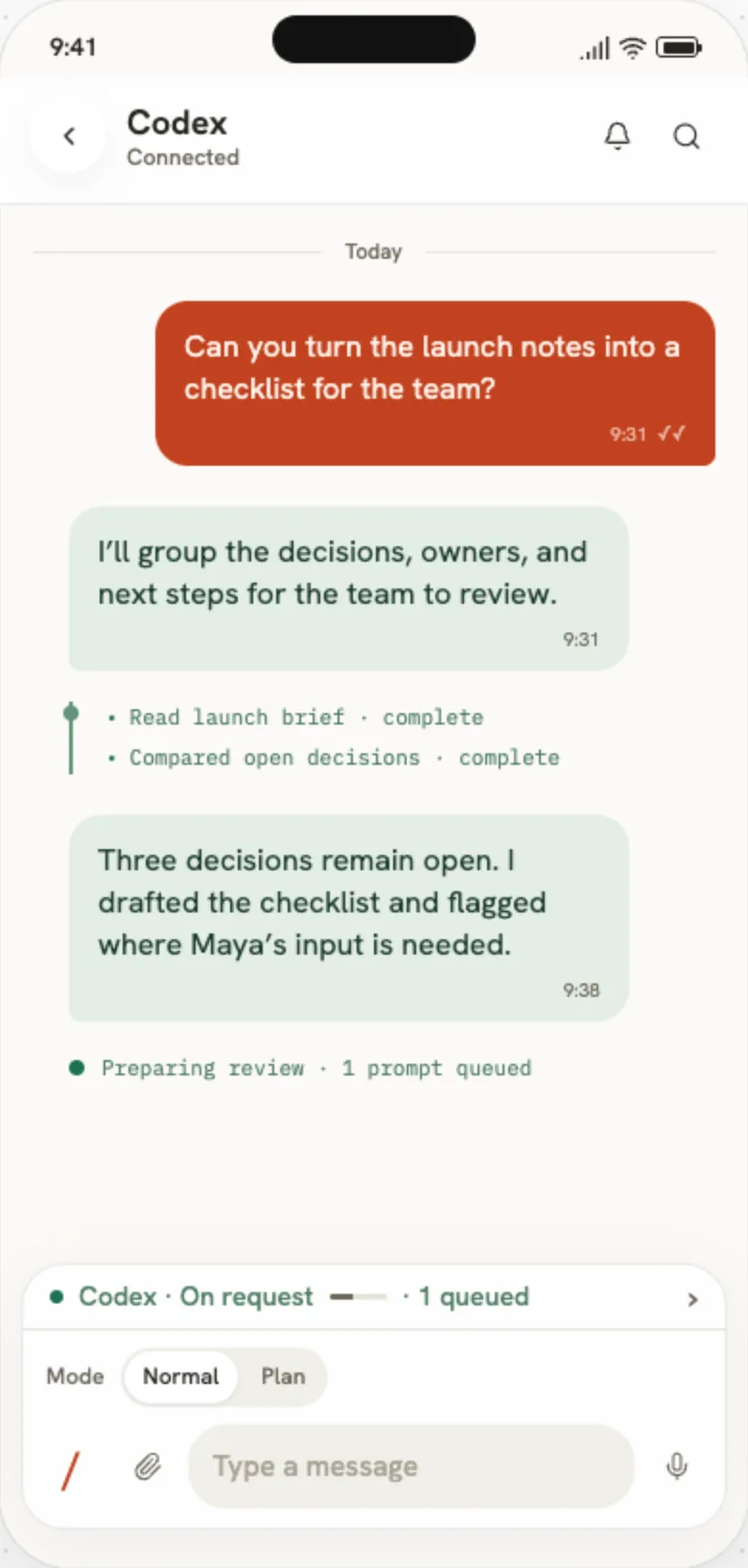 Canon phone app showing an active agent session with messages, visible activity, and its composer