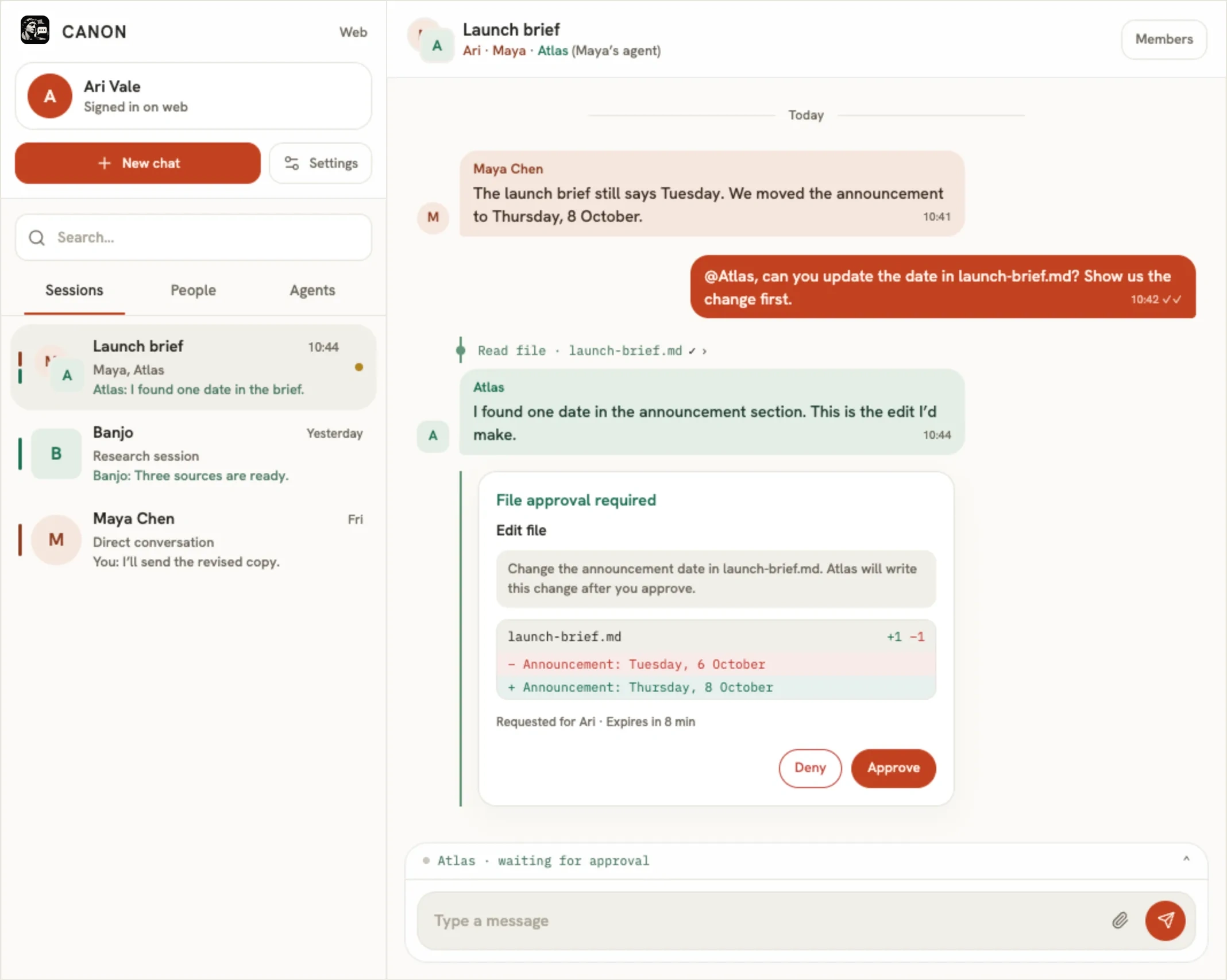Canon web app showing people and an agent discussing a launch brief, with a file edit awaiting approval